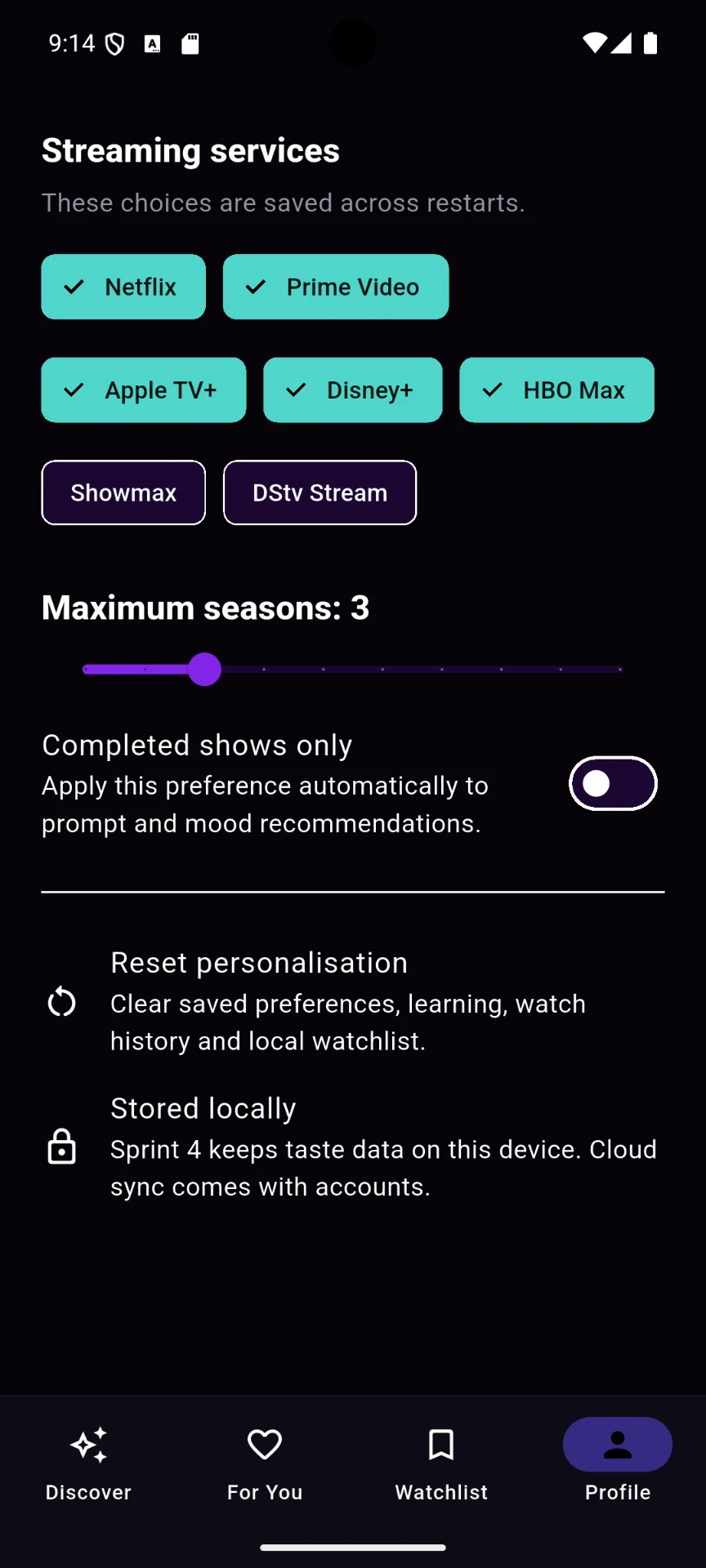 Streaming services screen in the For Flick Sakes app