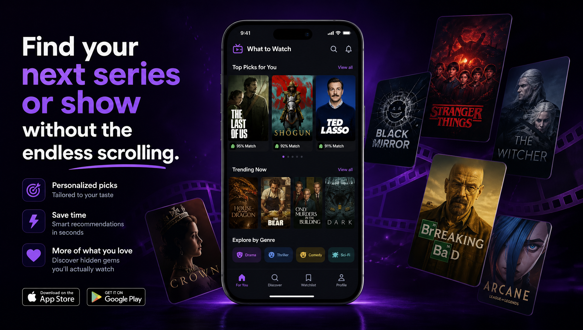 For Flick Sakes app shown on a phone with personalised series and show recommendations