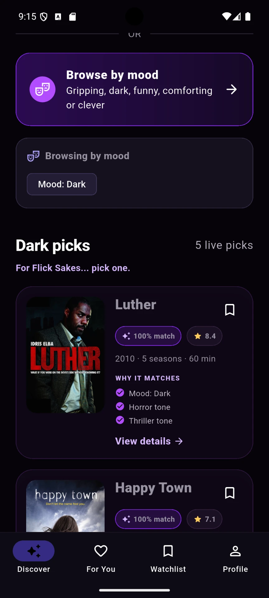 Your picks screen in the For Flick Sakes app