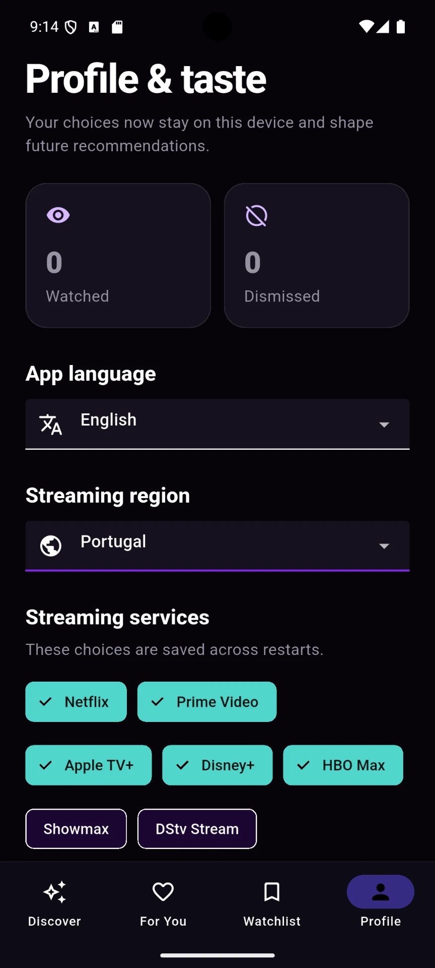 Profile & taste screen in the For Flick Sakes app