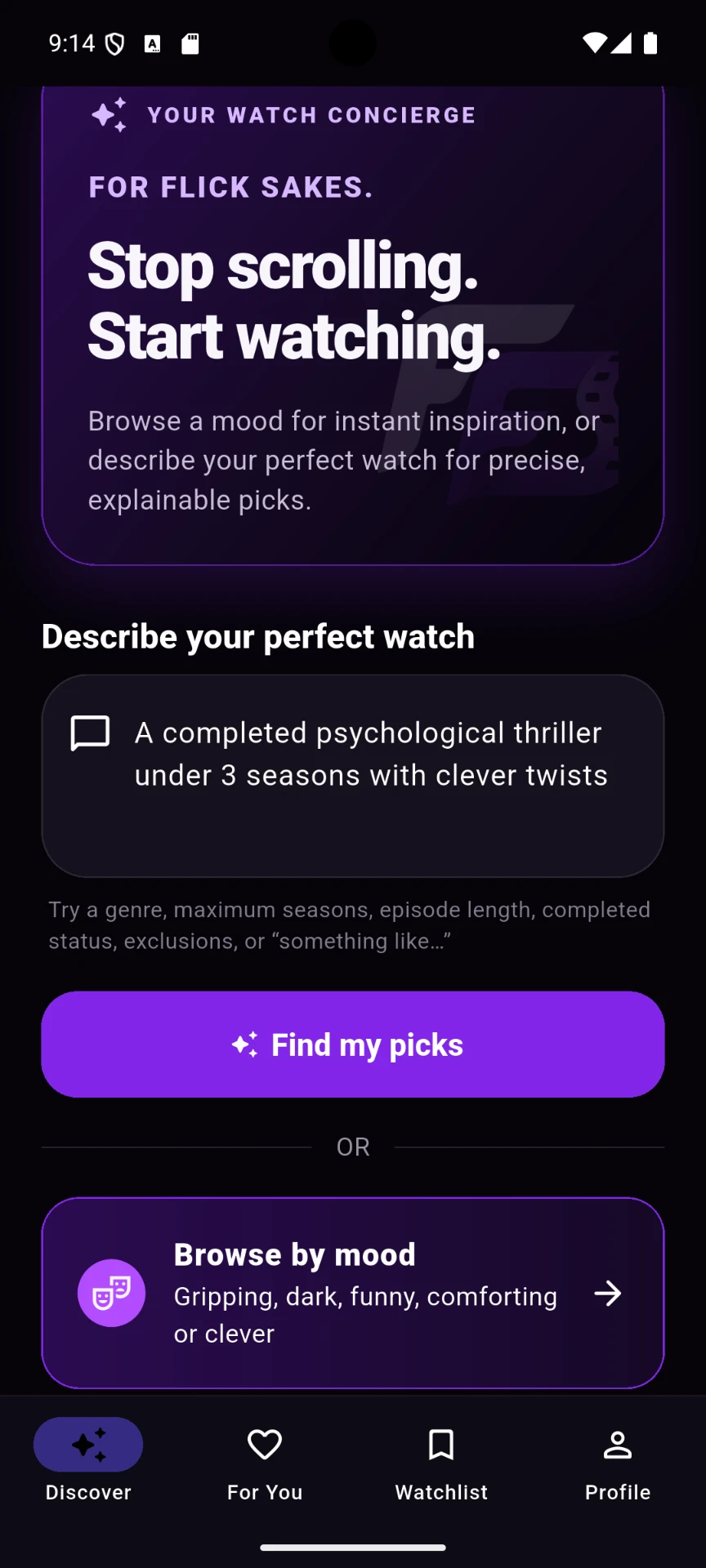 Browse by mood screen in the For Flick Sakes app
