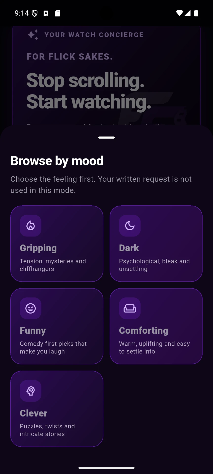 Browse by mood screen in the For Flick Sakes app