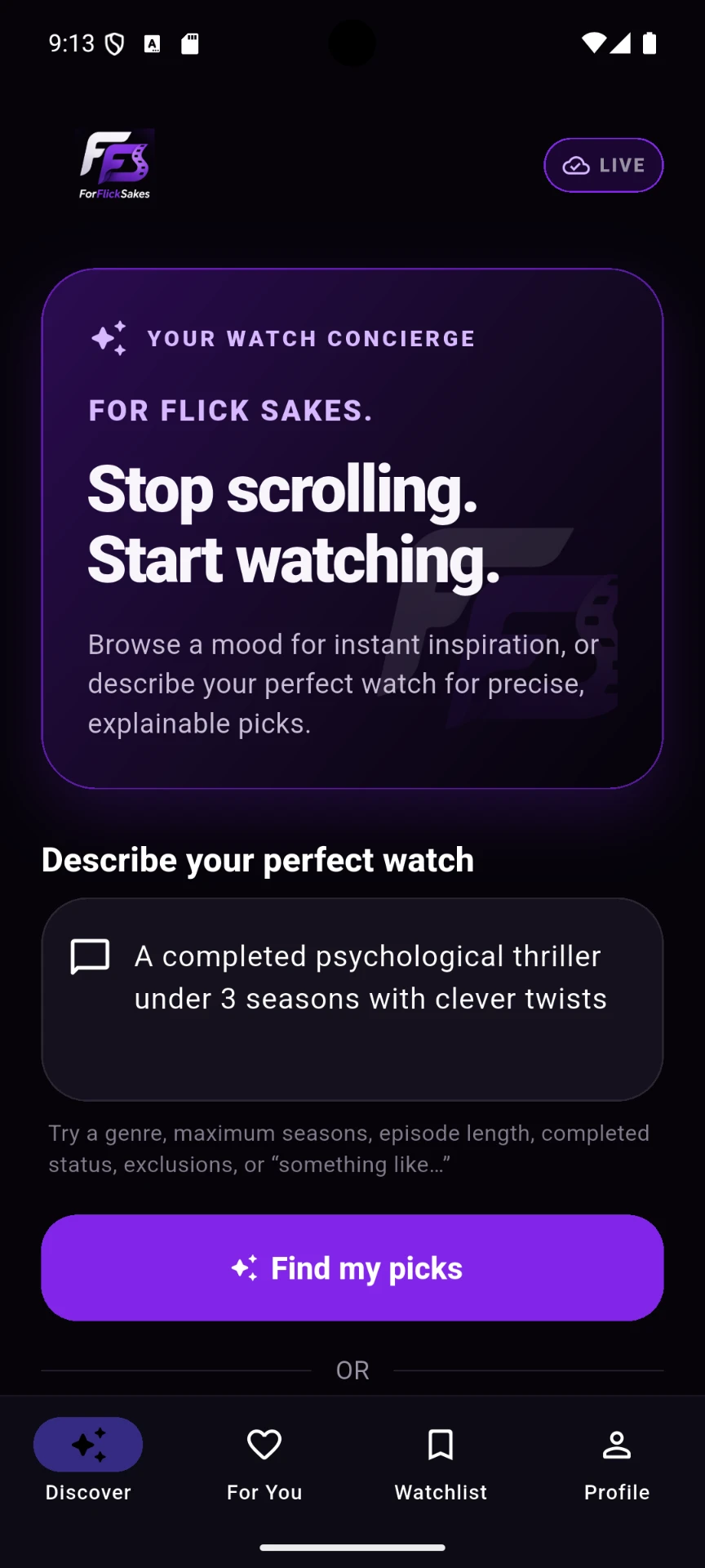 Discover screen in the For Flick Sakes app